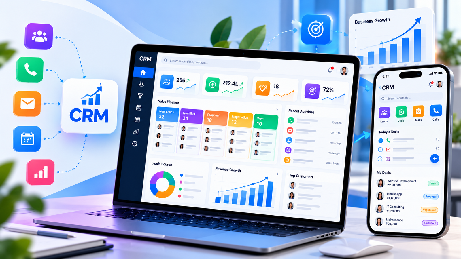 Custom CRM dashboard showing sales pipeline, follow-ups and lead sources