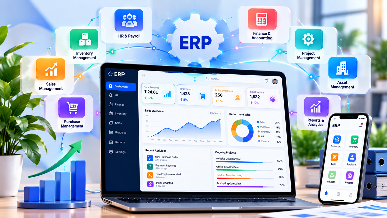 Custom ERP dashboard showing inventory, sales orders and invoices