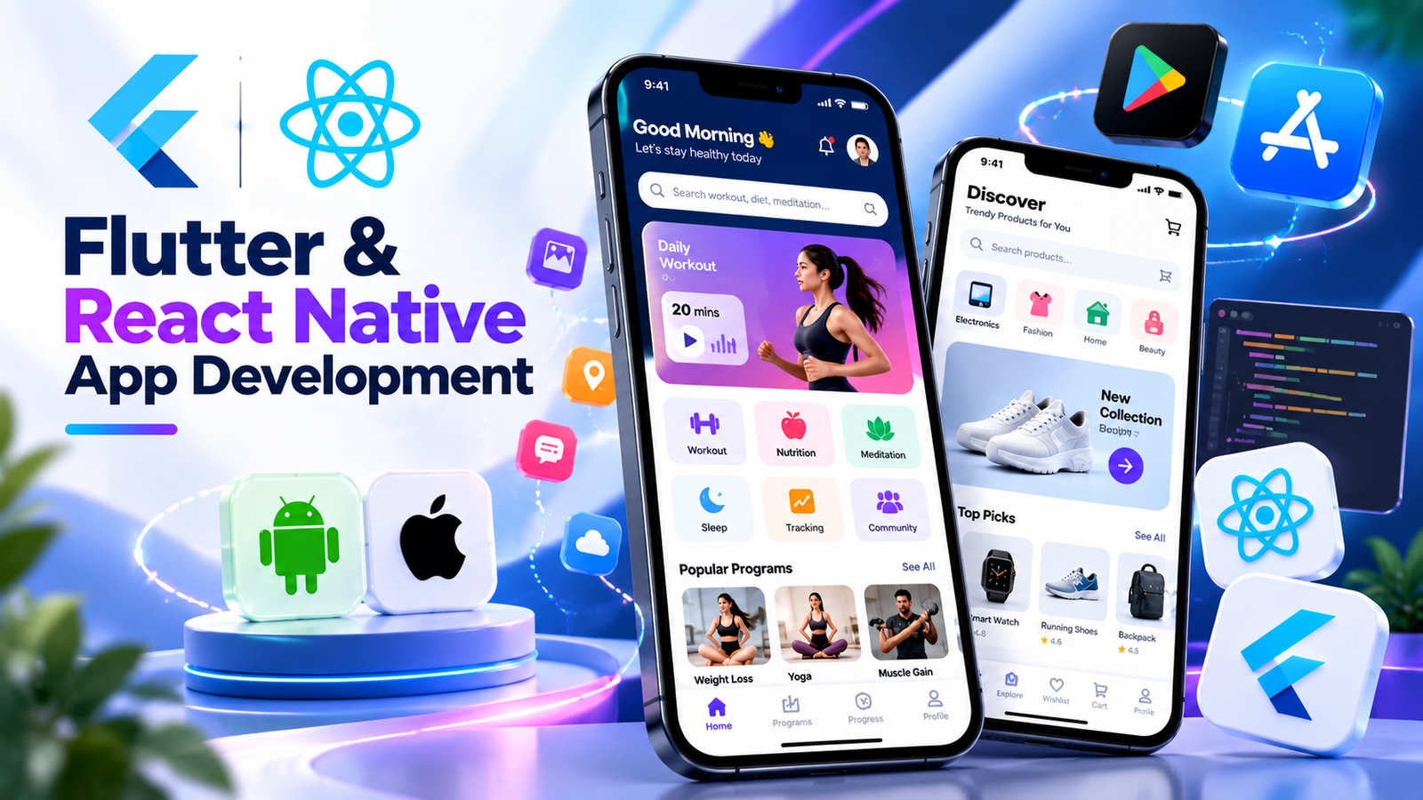 Flutter and React Native apps built by Softxcite running on Android and iPhone