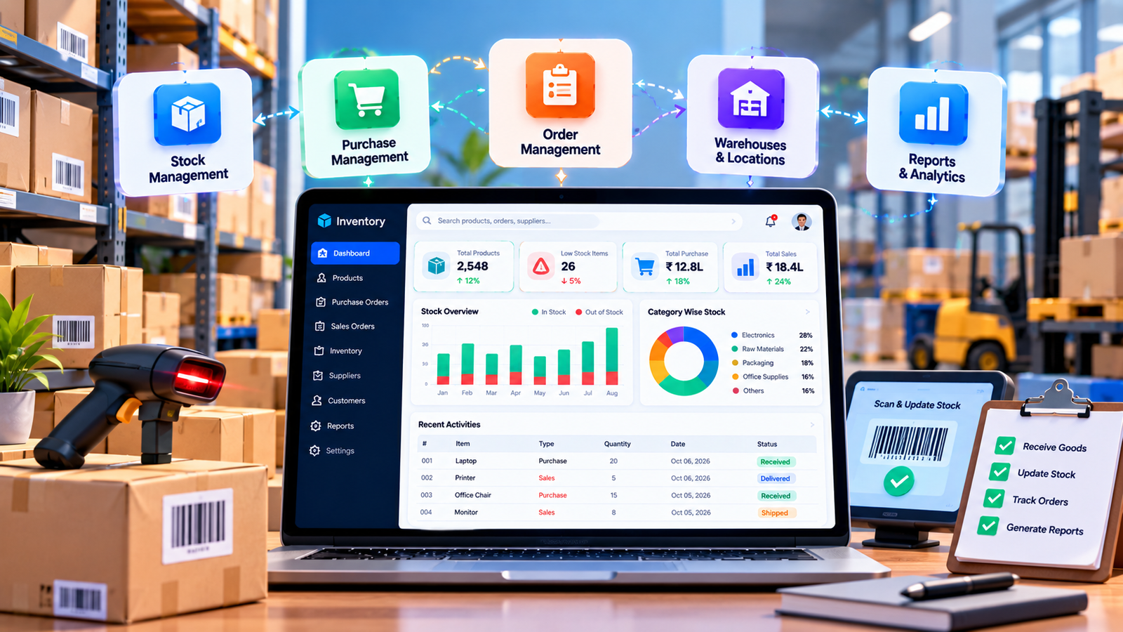 Inventory management software with barcode scanning and warehouse stock levels
