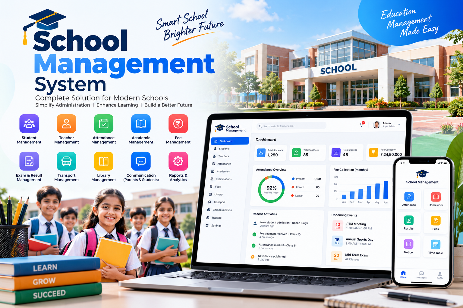 School management system dashboard showing attendance, fee collection and exam results