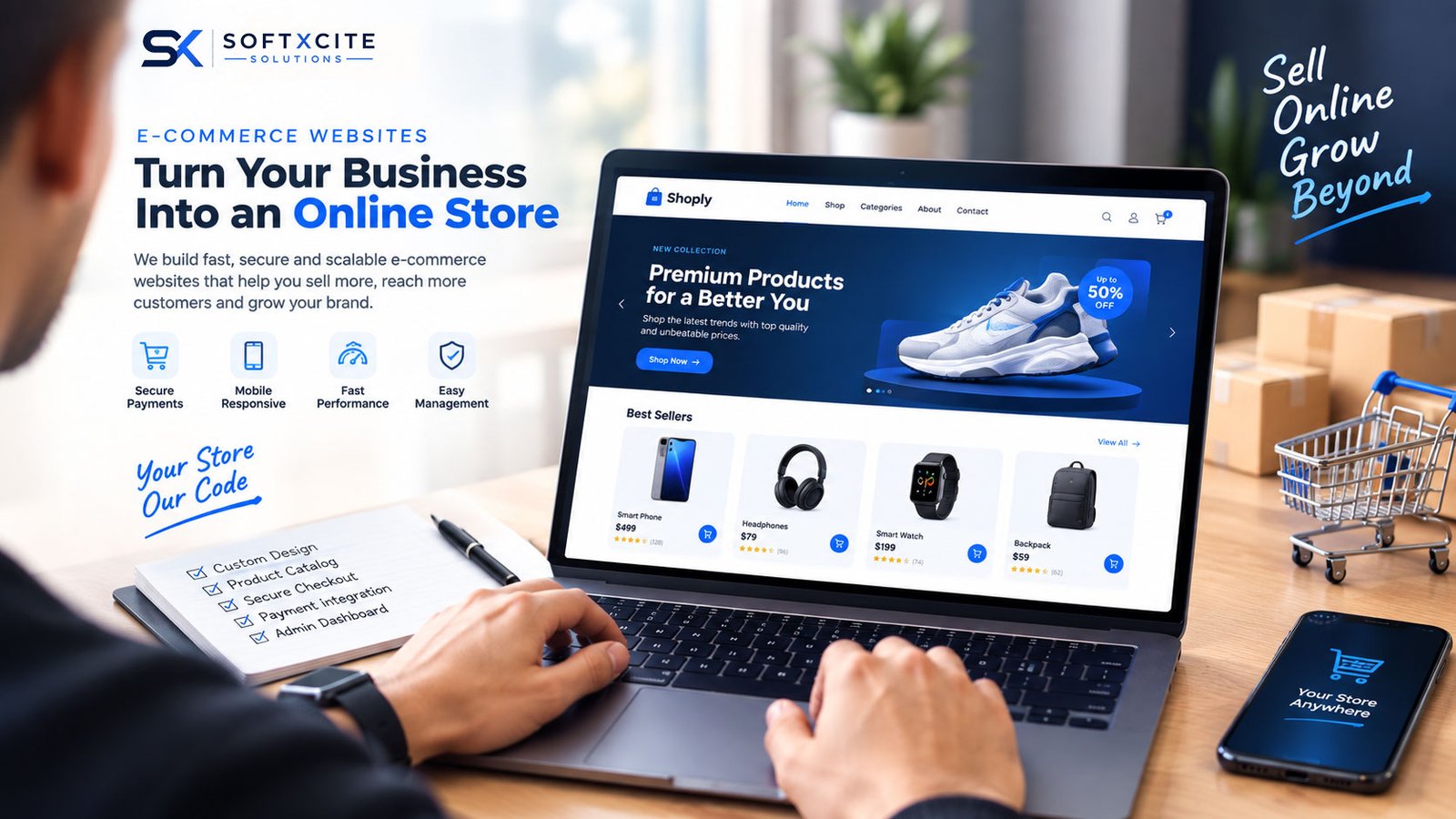Online store designed by Softxcite showing product page and mobile checkout