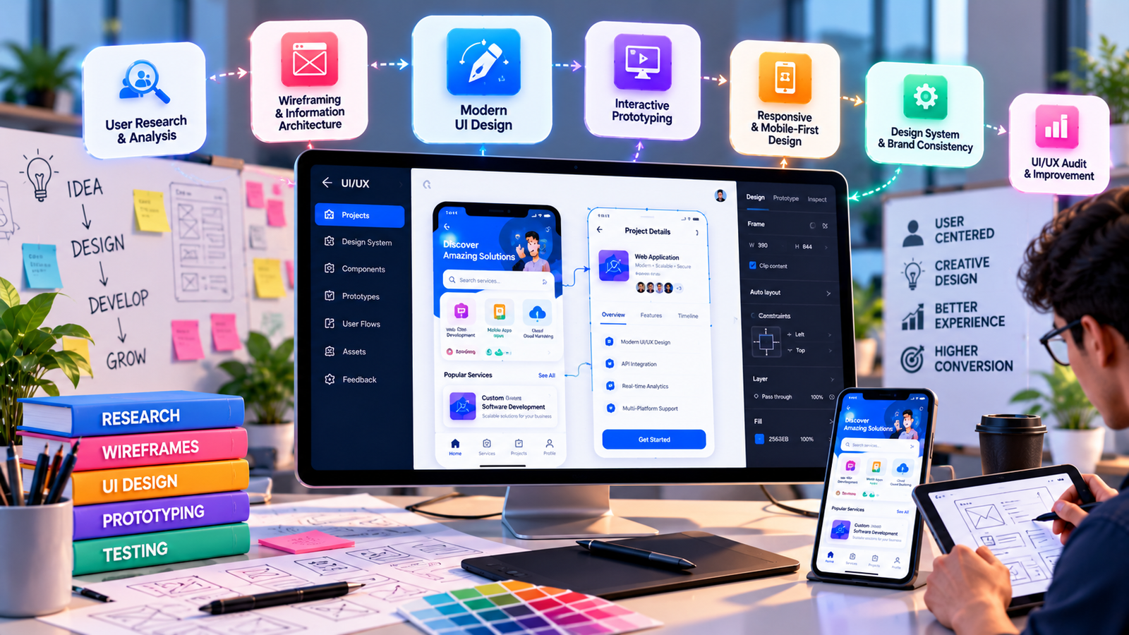 UI/UX design wireframes and app screens in Figma